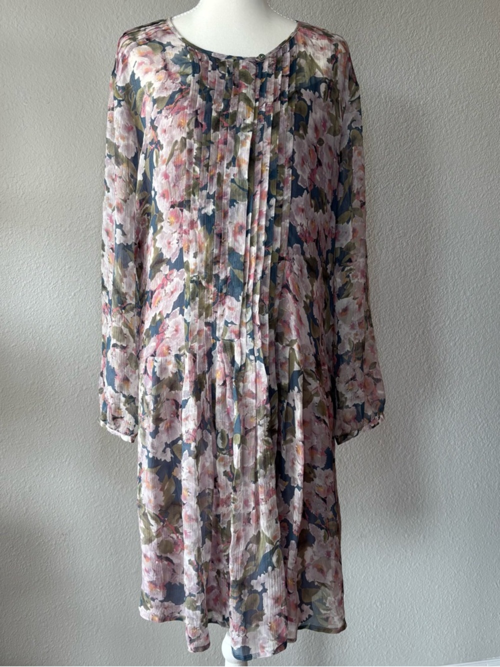 SUNDANCE 100% Silk Floral Sheer Pleated Dress XL Dropwaist Pink Blue Cottagecore